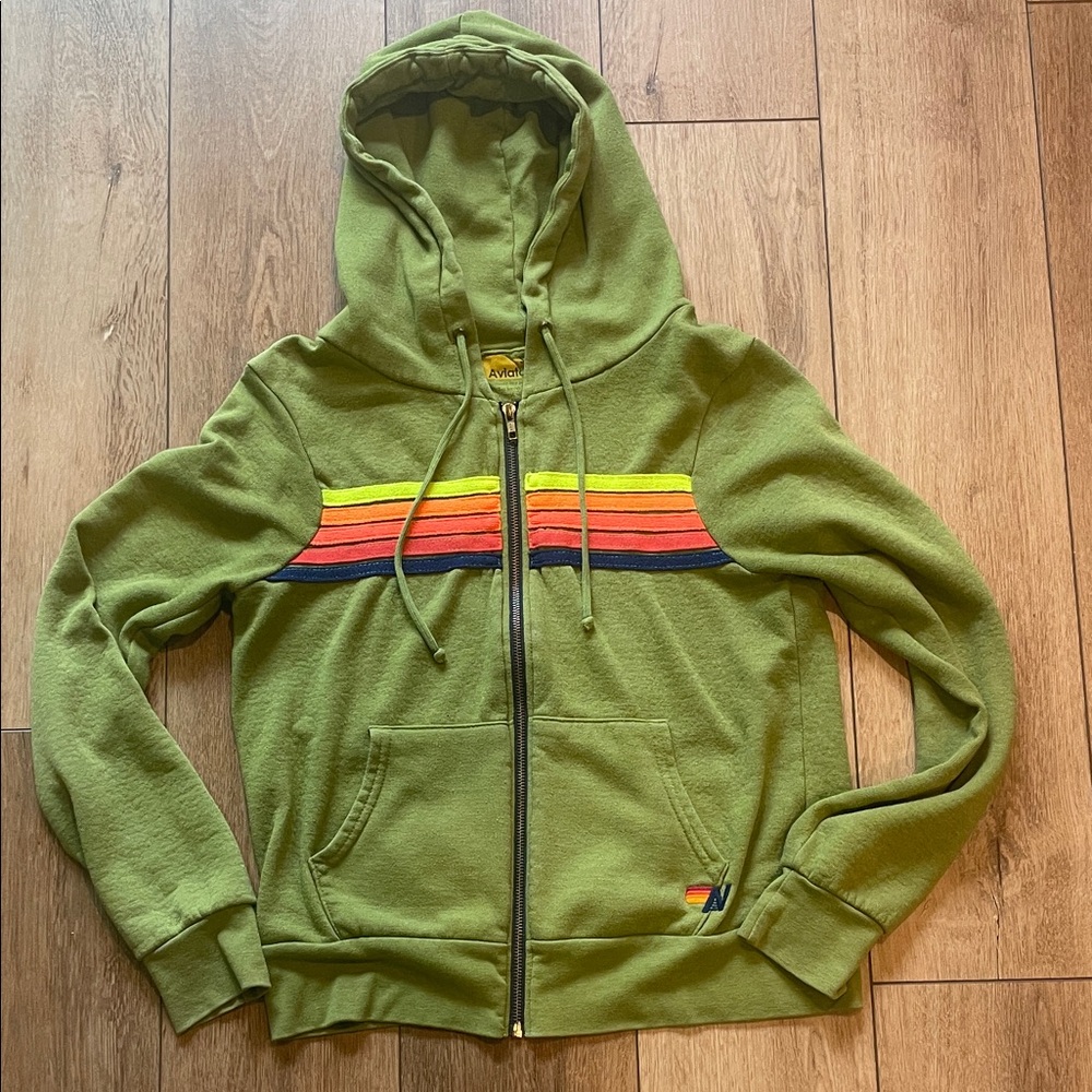 Aviator Nation Green Hoodie with Neon Rainbow Stripes